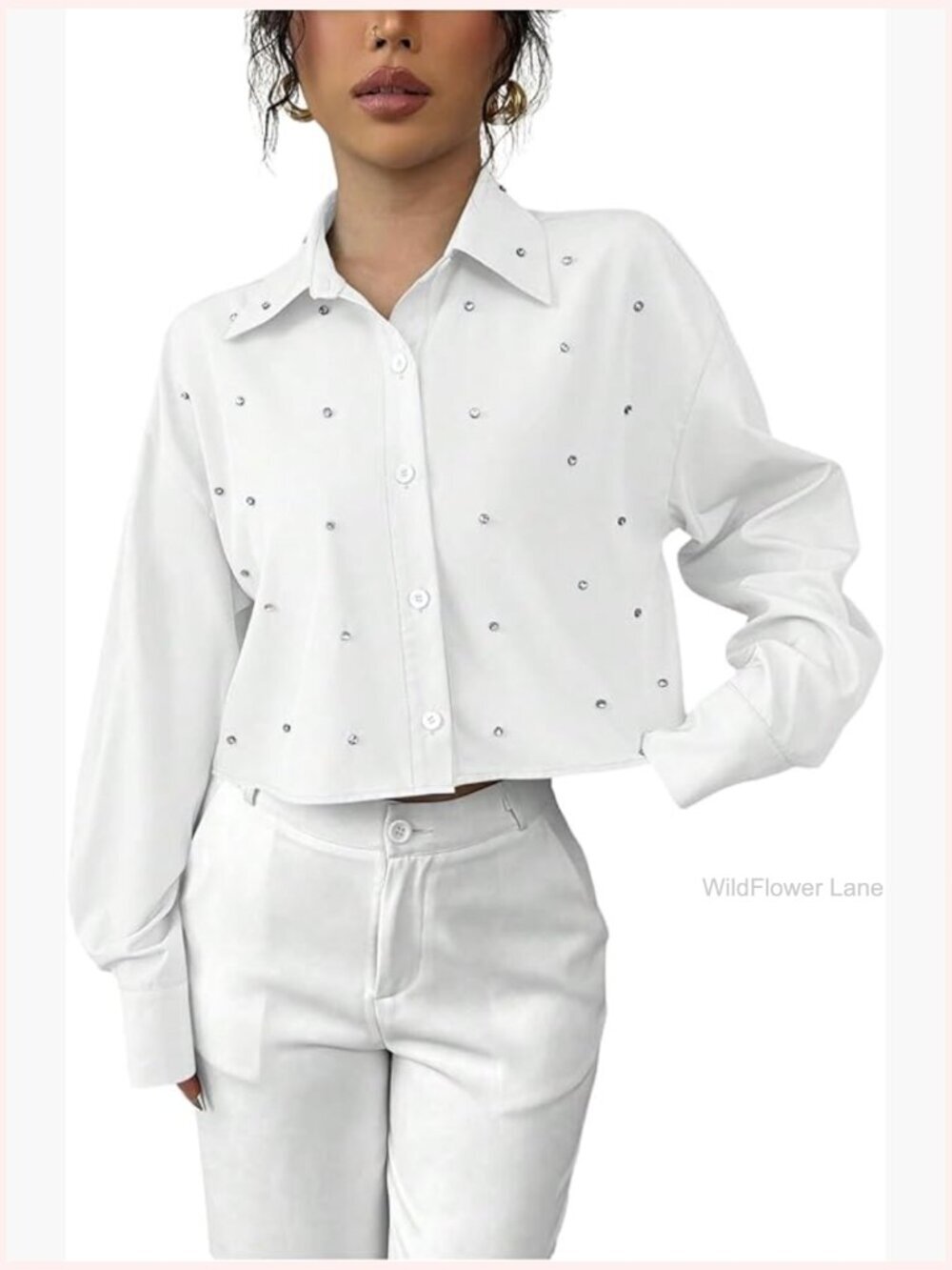 Rhinestone Button Down Long Sleeve Blouse Dressy Tops